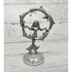 Vintage Pewter Mermaid w/ Ring of Dolphins Glass Base Figurine Fantasy Magical